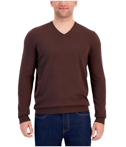 Alfani Mens Solid V Neck Cotton Sweater Coffee Bean Brown XL