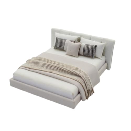 Gxsterd 1/20 Dollhouse Bed with Doullhouse Bedding Miniature Queen Bed for Doll House Bedroom Furniture Accessories (Grey)