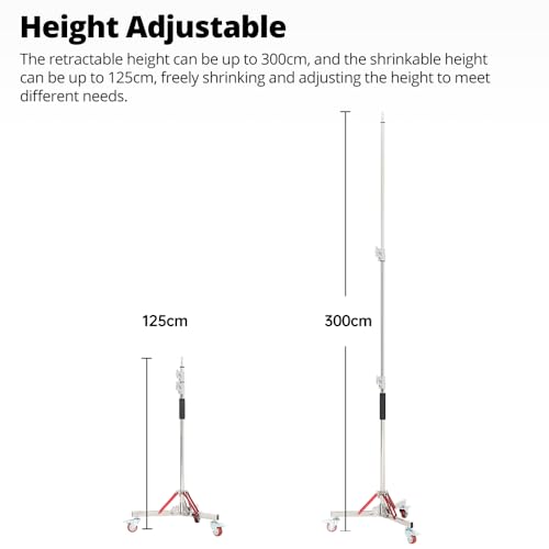 AMBITFUL Heavy Duty Light Stand with Casters, 100% Stainless Steel Max Height 10ft/305cm, Photography Wheeled Base Stand for Studio Softbox, Monolight, Reflector（AS-300