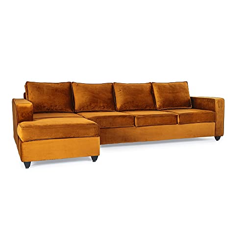 Image of Wakefit L Shape Sofa Set for Living Room | 3 Year Warranty - 3 Seater + Chaise (Velvet, Amber)