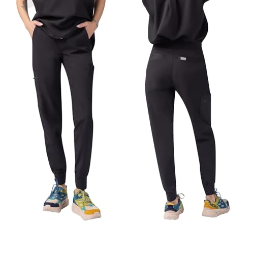 Lily Women's Jogger Scrub Pants - Secure, Flexible Fit Healthcare Scrub Pants with Gartered, Ribbed Cuffs - 7 Pocket Elastic Waistband - Moisture Wicking, Easy Care for Women - Black, Small