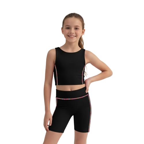 Image of WELAKEN Girls 2 Piece Athletic Outfit Kids Yoga Crop Tank Top and Biker Shorts Set