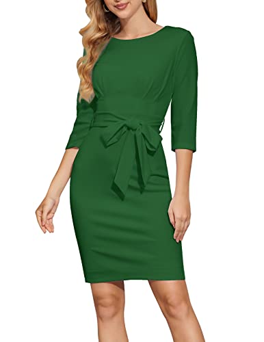 Jasambac Knee Length Pencil Dress For Women 3/4 Sleeve Business Casual Wear To Work Dresses With Belt #TOP15