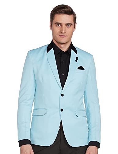 Image of FAVOROSKI Designer Men's Slim Fit Velvet Notch Lapel Collar Single Breasted Blazer, Sky Blue