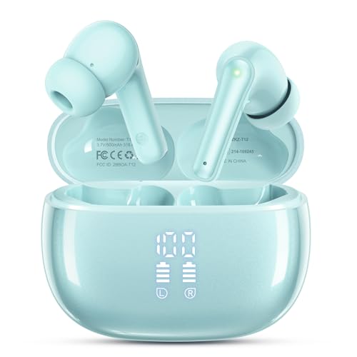 Wireless Earbuds, Bluetooth 5.3 Ear Buds, Headphones with Clear Stereo Sound, 40H Playtime with LED Digital Display, IPX7 Waterproof Earphones Built-in Mic for Phone Tablet Sports Workout, Jade