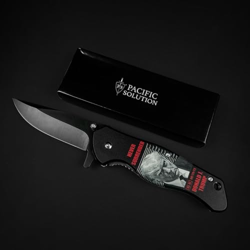 Image of PS Trump Mug Shot Stainless Steel Pocket Knife, Patriotic Everyday Carry Tool, Folding Utility Design, Belt Clip Carry Accessory, Gift and Collection Item, (Never Surrender Theme)