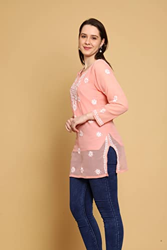 Image of Ada Women's & Girl's Georgette Hand Embroidered Lucknow Chikankari Regular Fit Short Kurti Top with Slip A911300