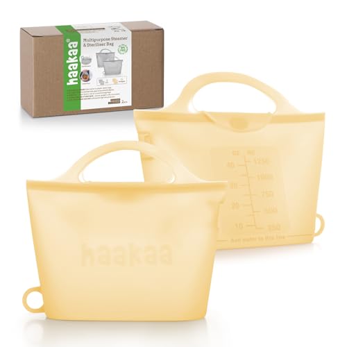 Image of Haakaa On-The-Go Silicone Microwave Steam Sterilizer Bags for Travel, 40oz /1250ml Reusable Silicone Steaming Bags for Baby Bottles, Breast Pump, Accessories, Pacifiers, Teethers, Pineapple /2PCS