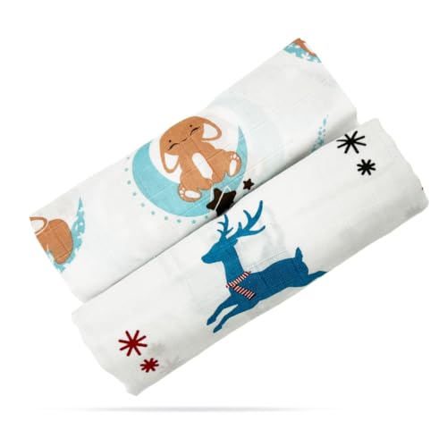 Image of Tinylane 100% Cotton Printed Swaddle Wrap for Newborn Baby | Soft & Breathable Muslin Blanket, 90 x 90cm, Skin-Friendly | for 0-2 Years | Pack of 2 (Blue Moon & Teal Dancing Deer Designs)