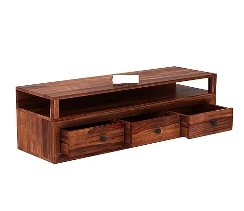 Image of Solid Sheesham Wood TV Unit with 3 Drawers and 1 Shelf - Storage Solution for up to 55-inch TV in Your Living Room (Oriel, Honey Finish)