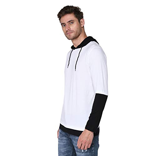 Image of SXV Solid Colorblocked T-Shirt Hoodie for Men (Black & White)