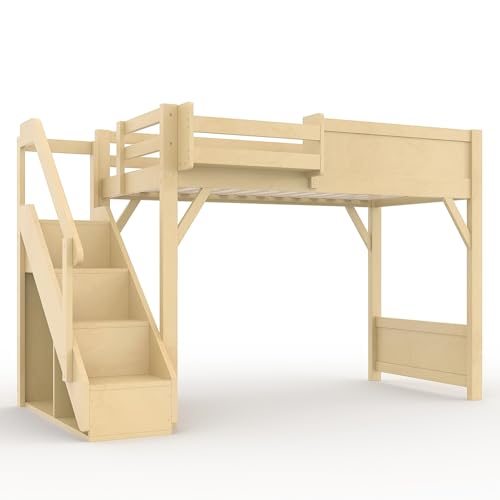 Image of KEIKI Solid Wood Twin Size Loft Bed Frame with Stairs, Built-in Wardrobe and Storage Space, Twin Loft Bed with Shelves, Full-Length Guardrails, No Box Spring Needed for Bedroom, Natural