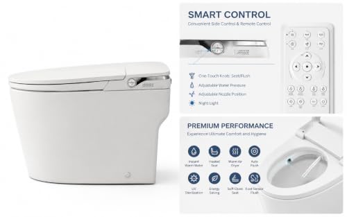 Inodoro inteligente con bidé integrado, inodoro de una pieza alargado con tanque y bomba, tapa manual, descarga por pedal, asiento calefactado, agua tibia, secador de aire, luz nocturna, sin control remoto miniatura 2