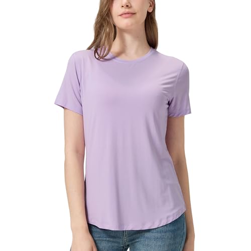 netdraw Women's Soft Bamboo Viscose T-Shirt, Curved Hem Crew Neck Short Sleeve Moisture Wicking Casual Sleep Pajama Tops, Pastel Lilac, Large