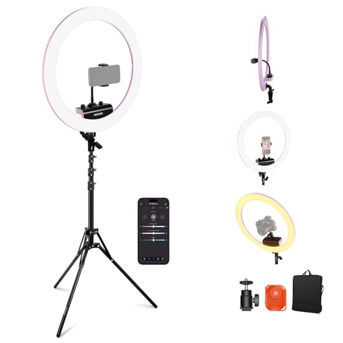 NEEWER Professional Ring Light with Stand and Phone Holder, 18 inch Ultra Thin, 45W 2900K-7000K TLCI98, Remote Shutter & App Control, Softer Lighting for Makeup Live Stream TikTok, RP18B Pro Pink