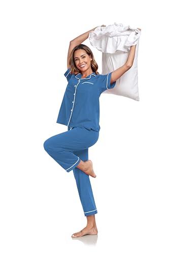 Image of COLORFULLEAF Women's 100% Cotton Pajamas Set Button Down Sleepwear Short Sleeve Shirt and Long Pants Soft Ladies Lounge Sets