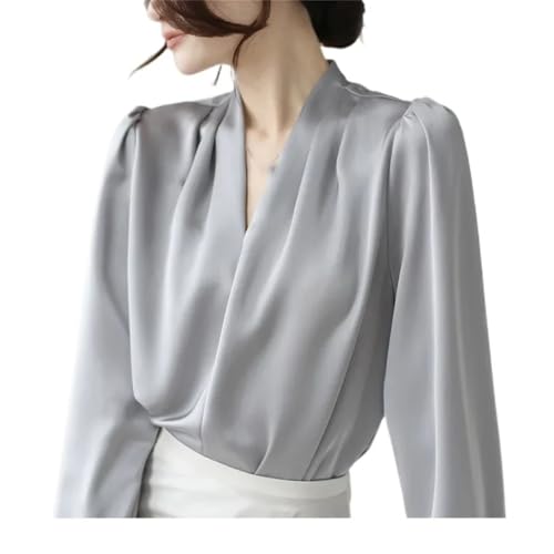 Women's Satin V-Neck Casual Shirts Long Sleeve Oversize Pullover Blouses Office Tops4
