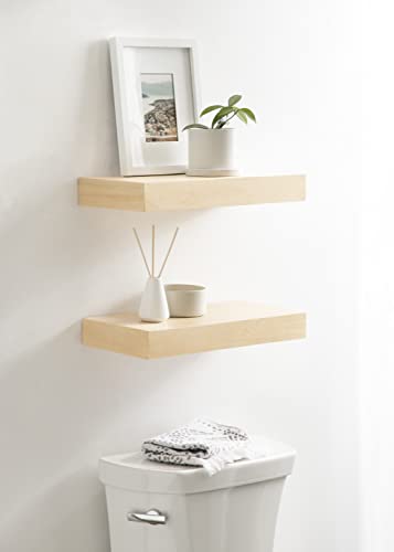 Image of Kate and Laurel Havlock Modern Natural Floating Shelves; Set of 2; 18 x 8; Natural Wood; Mid-Century Bathroom and Kitchen Shelves for Storage and Display Decor