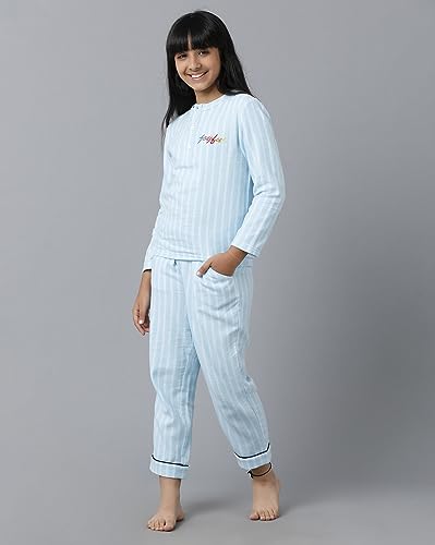 Image of Under Fourteen Only Girls Brushed Flannel Check Night Suit Set | Cotton Printed Mandarin Collar Top with Contrast Buttons & Piping | Full Sleeve Sleepwear with Elastic Waist Pants & Pockets