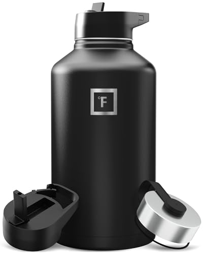 IRON °FLASK Camping & Hiking Hydration Flask with Straw, Wide Mouth Insulated Stainless Steel Sports Water Bottle - 64 oz Midnight Black