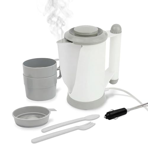 Streetwize - 12v Travel Kettle & Utility Set 700ml Low Wattage 100w In Car Van 4x4 Kettle | 1.4m Power Cable Plug and Play 2 Cups Fork Spoon and Strainer.