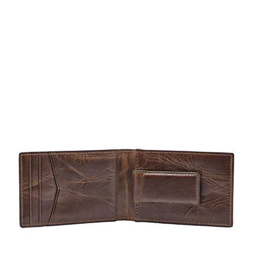 Image of Fossil Men's Derrick Leather Slim Wallet for Men, Minimalist Magnetic Money Clip Bifold Front Pocket Wallet, Dark Brown
