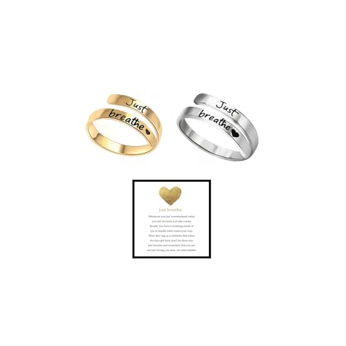 Just Breathe Ring For Women, Adjustable Inspirational Heart Rings Stainless Steel Spiral Wrap Twist Healing Rings To Sorority Sisters Open Motivational Encouragement Love Yourself Jewelry(Heart Gold&S