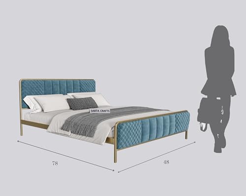 Image of Modern Upholstered Double Size Bed for Bedroom | Metal Double Bed | Platform Cot Bed with Upholstery Premium Fabric | 6.5 x 4 Ft | Powder Coated Metal Bed | Turquise