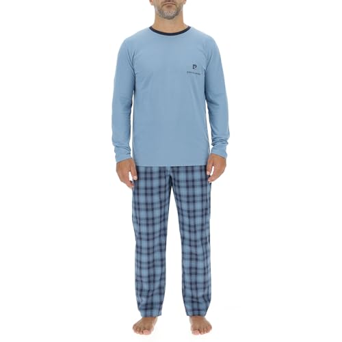 Pierre Cardin Underwear Pyjama Homme Long 100% Coton, Vêtements de Nuit Homme, Ensemble T-Shirt et Pantalon, Taille XL - Bleu Clair/Bleu
