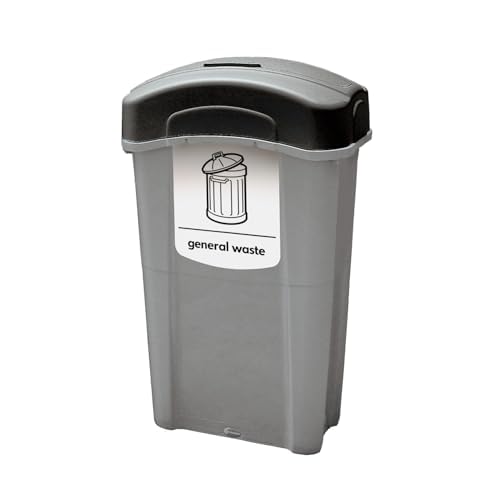 Eco Nexus 85 General Waste Collection Bin (Grey, Black, White Sticker) – 85-Litre General Waste Bin with Choice of Lid Options – Slim Plastic Office (Flip Lid)