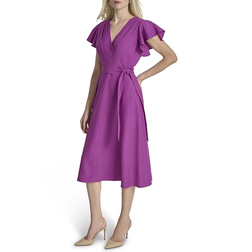 Image of DKNY Women's Flutter Sleeve Tie Fit & Flare Midi Dress