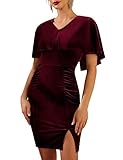 Belle Poque Samtkleid Damen Bleistiftkleid Knielang Kurzarm V-Ausschnitt Bodycon Rockabilly Weihnachtskleid Party Business Herbst Winter Rotwein XL