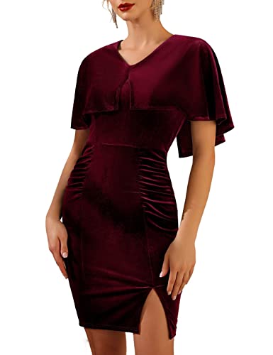 Belle Poque Cocktailkleid Damen Samtkleid Knielang Kurzarm V-Ausschnitt Bodycon Rockabilly Weihnachtskleid Party Business Herbst Winter Rotwein XXL Cover