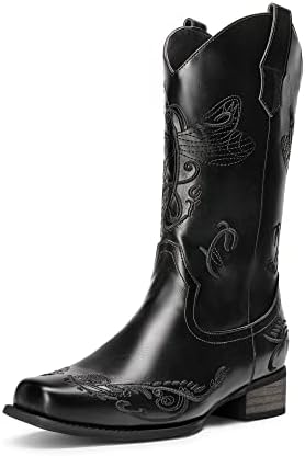 DREAM PAIRS Women's Square Toe Cowboy Cowgirl Boots Pull On Low C...