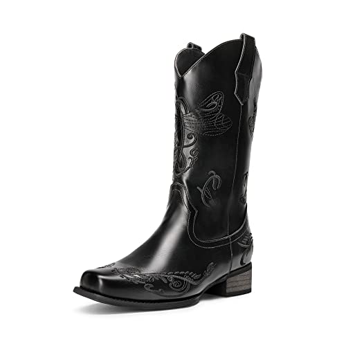 DREAM PAIRS Women's Square Toe Cowboy Cowgirl Boots Pull On Low Chunky Heel Mid Calf Western Boots with Embroidered Stitched for Theme Party Country Concert,Size 7.5,Black,SDMB2220W