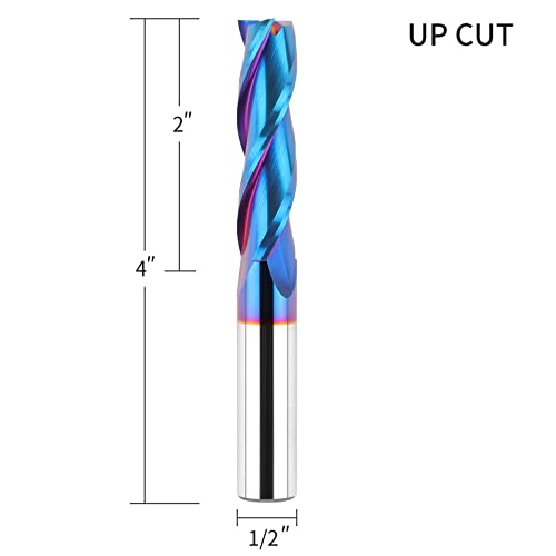 Eanosic Upcut Spiral Router Bit 3-Flute With 1/2” Shank, Extra Long (4 Inch), 1/2” Cutting Diameter, 2” Cutting Length, Carbide Cnc Router Bits Blue Nano Naco Coated End Mill For Wood Mortises Carving Engraving #TOP1