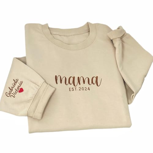 Personalisiertes besticktes Mama-Sweatshirt, personalisierbar, Name auf Ärmel mit Herz, Mama-Est Year-Shirt, Oma Rundhalsausschnitt mit Datum, Geschenk für neue Mutter