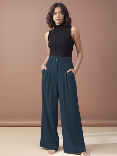 Image of GRECIILOOKS Trousers for Women High Waist | Wide Leg Trousers | Office Wear Pleated Korean Pants for Women's | Elegant Formal Pants