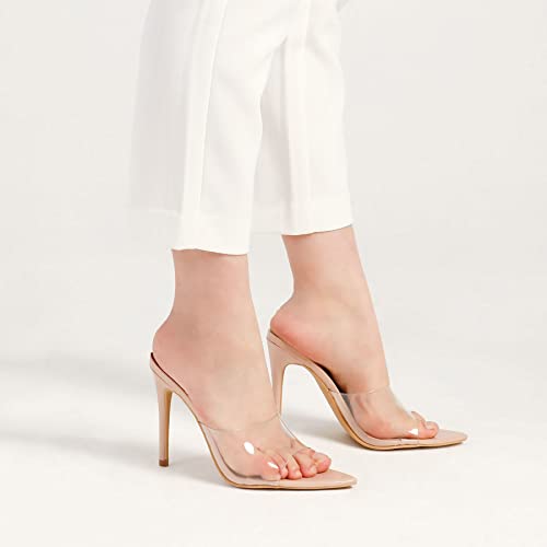 Mysoft Women's Pointed Toe Clear Stilettos Transparent Strap Slip On High Heeled Mules #TOP5