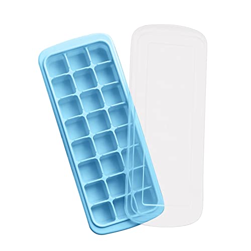 24 Cubes Bacs à glaçons en silicone avec couvercle, Moule Glaçons, Sans BPA, bacs carrés faciles retirer, Empilable moule Glaçons- Pour Cocktails, Whisky, Jus (Couleur Vert) (Bleu)
