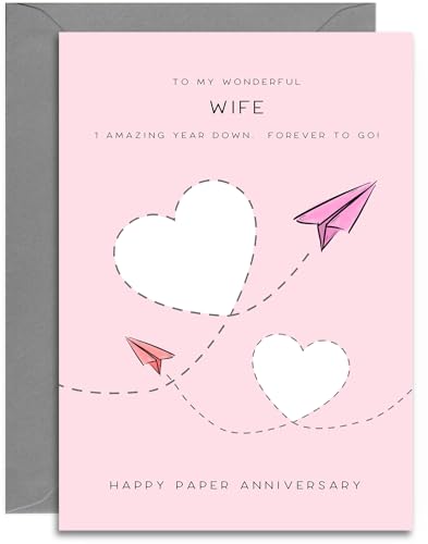 Karte zum 1. Jahrestag der Ehefrau, Papierhochzeit, Papierflugzeug-Design, A5-Karte mit grauem Umschlag Karte zum 1. Jahrestag der Ehefrau, Papierhochzeit, Papierflugzeug-Design, A5-Karte mit grauem Umschlag