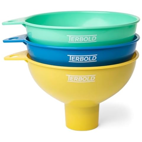 Terbold 3pc Wide Mouth Canning Funnels for Filling Bottles and Mason Jars | Large Spout Quick Fill Food Grade Plastic Funnels for Kitchen Use (Blue, Green, Yellow) Cover