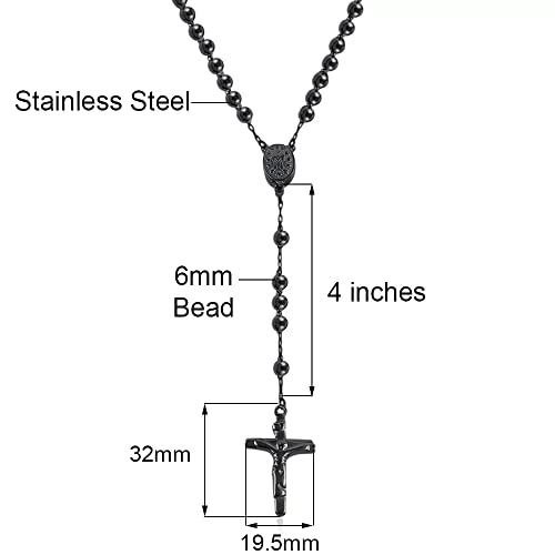 Savlano Stainless Steel Beaded Rosary Cross Necklace –6MM Crucifix Cross Medallion Rosary Chain Y-Necklace for Women & Men Religious Jewelry Comes in Silver, Gold, Rose, Black Color with a Gift Box3