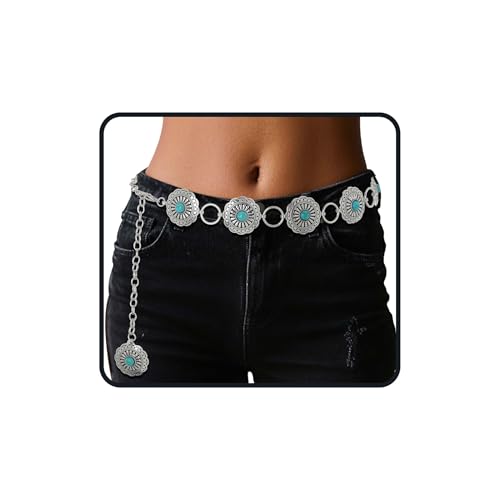 ELABEST Turquoise Chain Belt Silver Concho Belt Cowgirl Cowboy Western Waist Chain for Women and Men