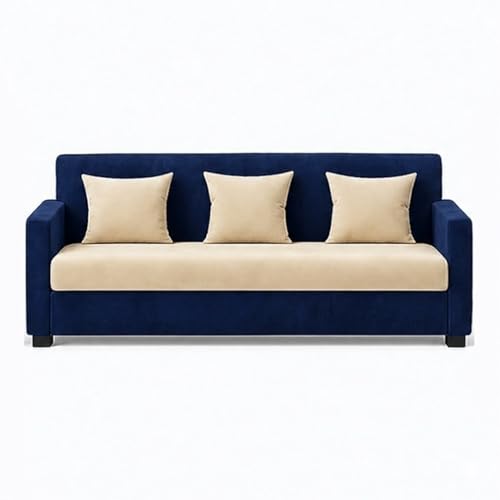 Image of FURNY Lexon 3 Seater + 1 Seater + 1 Seater Fabric Sofa Set (Dark Blue-Cream) with Velvet Finish | Durable Comfort | Ideal for Living Room