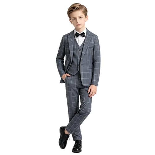 LOLANTA 5 Piezas Traje Formal para Niños, Boda de Niño, Cumpleaños, Traje de Prom con Blazer Chaleco, Pantalones, Camisa, Pajarita, Trajes de Esmoquin(Gris, 11 12 años, 160)