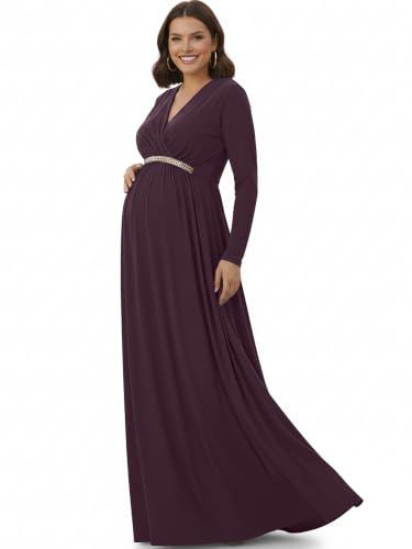 Image of KOH KOH Womens Maternity Long Sleeve V-Neck Flowy Winter Maxi Dress Gown