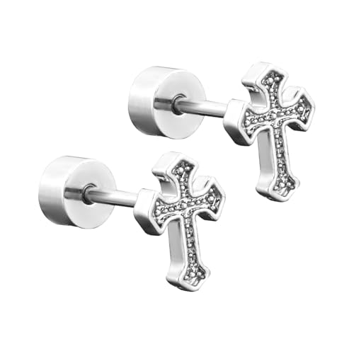 Titanium Steel Cross Flat Screw Back Small Stud Earrings Vintage Simple Cross Cartilage Earrings Christian Stylish Jewelry Faith Gift for Women Men (Silver)