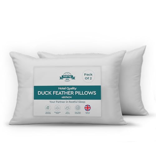 Posh Tag Duck Feather Pillows (48 x 74) cm Hotel Quality Feather & Down Bed Pillows | Medium Firm Support Pillows for Side Sleepers | Soft Touch (Pack of 2)