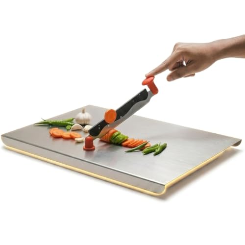 Image of Stainless Steel Chopping Board Large with Attached Knife, 36x31 cm Steel Cutting Board for Kitchen, Heavy Duty Cutter Board for Vegetable & Fruit Cutting